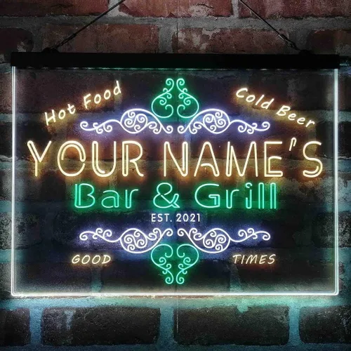 Vista 17 de Letrero de luz de neón LED tricolor personalizado para bar y parrilla, nombre personalizado, fecha, texto, cita, fuente blanco, azul y rojo, 17.7 x