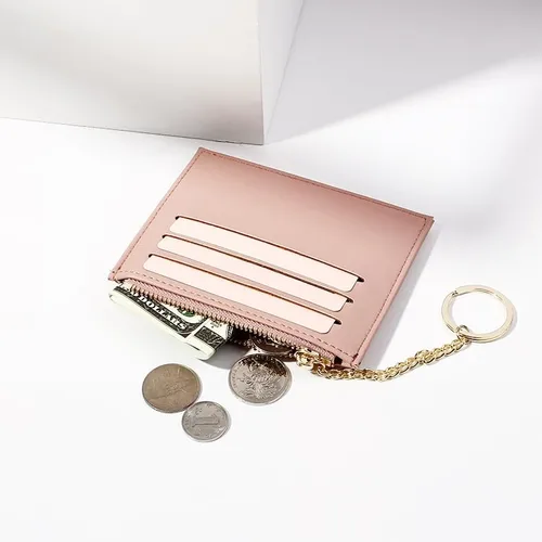 Vista 5 de Cartera pequeña con llavero para mujer, tarjetero minimalista con monedero, bonita cartera delgada para mujeres y hombres, Rosado