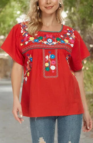 Vista 7 de YZXDORWJ - Cómoda blusa mexicana bordada de verano y sin mangas para mujer