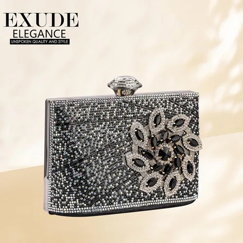 Vista 7 de Bolso de mano de cristal negro para mujer, bolso de noche con purpurina, bolso de lujo con borla de moda para boda, fiesta, baile de graduación