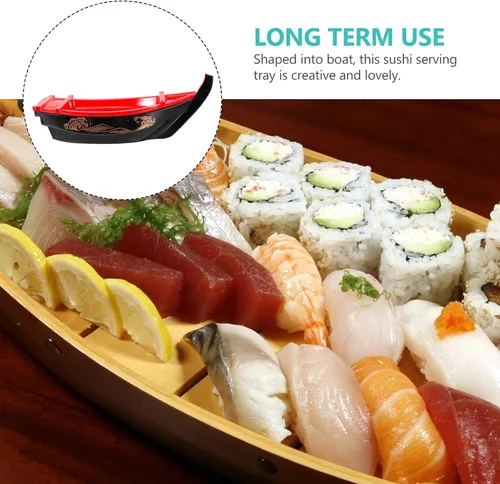 Vista 5 de Bandeja para servir sushi barco de 13.6 pulgadas, de plástico, estilo japonés, plato rectangular largo para platos de pescado Sashimi y presentación