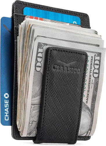 Vista 10 de Billetera de cuero con clip para dinero, bolsillo frontal delgado, bloqueo RFID con imán súper fuerte