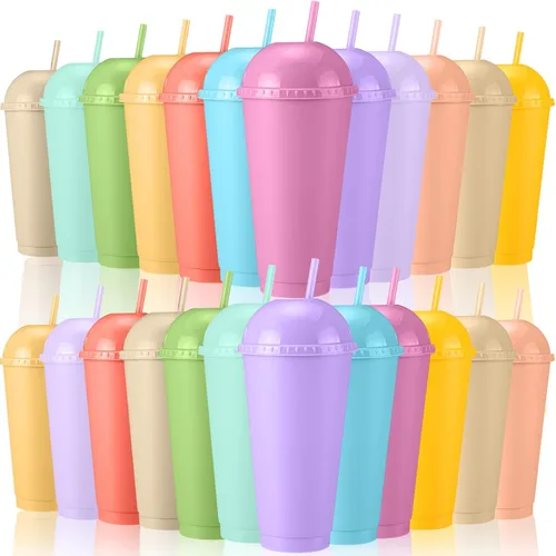 Vista 7 de Hsei - Paquete de 24 vasos helados reutilizables con purpurina con tapas de cúpula y pajitas, vaso de plástico de 24 onzas, taza de café helado