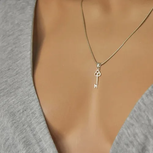 Vista 8 de Colgante de llave pequeña de plata de ley 925 con candado, collar y pulsera, joyería fina