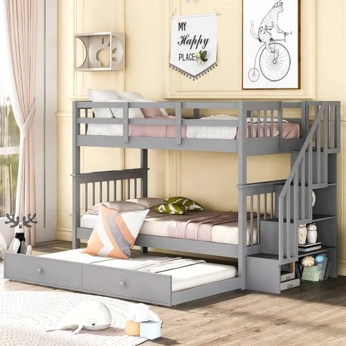 Vista 11 de Harper & Bright Designs Litera Individual sobre Individual con Escaleras y Cama Nido, Marco de Litera de Escalera de Madera Maciza con Espresso