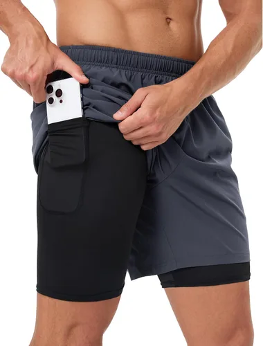 Vista 7 de Pantalones cortos deportivos 2 en 1 para hombre, de secado rápido, 5 pulgadas, ligeros, con forro y bolsillos