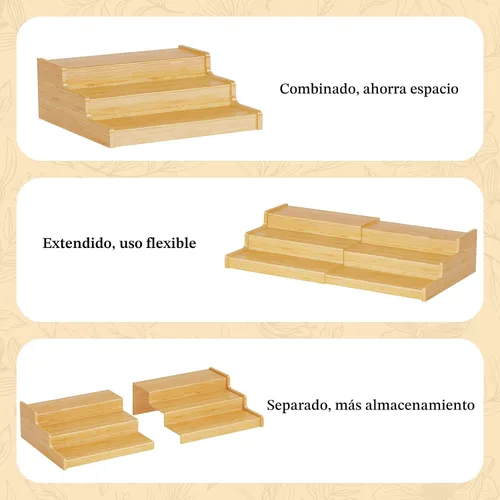 Vista 9 de Organizador de latas de bambú expandible para despensa, soporte de almacenamiento de latas ajustable de 3 niveles, organizador de soda con capacidad