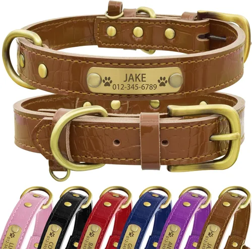 Vista 11 de Collar de perro de cuero genuino personalizado Senristar con placa de nombre grabada - Collar para perro duradero y elegante personalizado para Negro