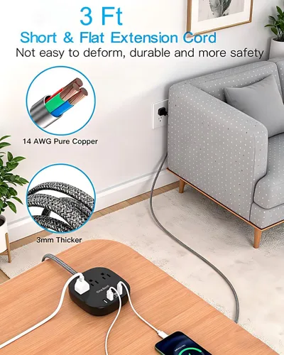 Vista 5 de Cruise Ship Travel Essentials, tira de alimentación de enchufe plano de 22.5 W/4.5 A, cable de extensión plano de 3 pies, 3 tomas de corriente, 4