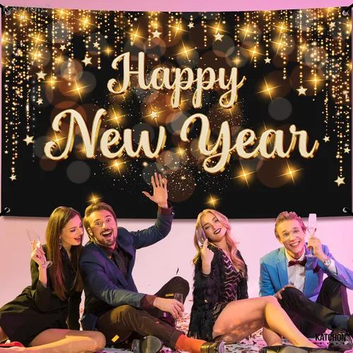 Vista 4 de KatchOn, Banner de Feliz Año Nuevo 2026 - XtraLarge 72x44 Pulgadas Telón de Fondo de Feliz Año Nuevo para Decoraciones de Año Nuevo 2026 Banner