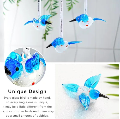 Vista 6 de Adorno de vidrio soplado – colibrí, 3 pulgadas, cristal de arte de pájaro azul, coleccionable, decorativo, colgante, para árbol de Navidad, ventana