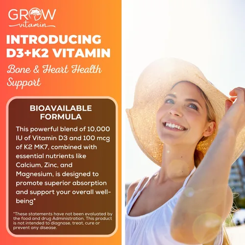 Vista 2 de grow vitamin Aceite D3 K2 con MCT - 10,000 UI D3, 100 mcg K2 MK7, calcio, zinc, bioperina, magnesio para una absorción superior - 60 cápsulas