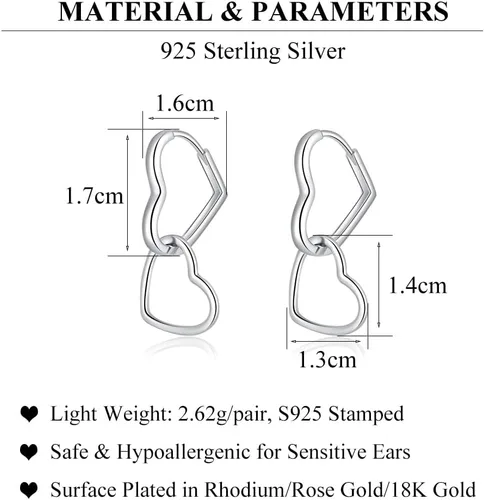Vista 7 de SLUYNZ Aretes de aro de plata de ley 925 con forma de corazón para mujeres, adolescentes y niñas, aretes de aro de doble corazón