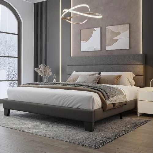 Vista 15 de WEEWAY Base de cama tamaño individual con cabecera tapizada de tela de lino y soporte de listones de madera, base de colchón resistente, no necesita