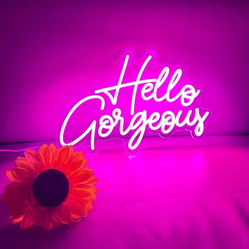 Vista 5 de Letrero de neón LED con texto en inglés «Hello Gorgeous LED», luz nocturna de neón para pared, fiesta de cumpleaños, boda, bar, club, decoración