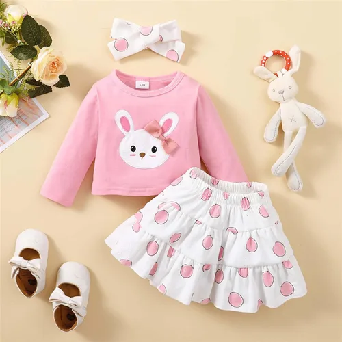 Vista 2 de Conjunto de 3 piezas de ropa para niñas con estampado de conejito + vestido de tutú + diadema para niñas