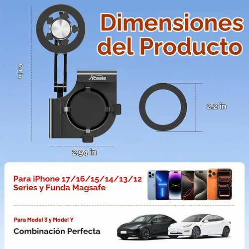 Vista 9 de Aceele Magsafe - Soporte de teléfono para Tesla Model 3 e Y, marco de metal magnético para accesorios de pantalla táctil de automóvil, soporte