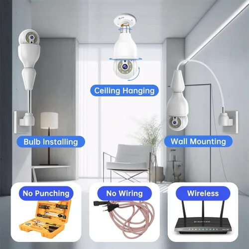 Vista 2 de EVERSECU HD 2K 3.0MP Cámara de seguridad de bombilla inalámbrica con conector de luz E27, seguimiento automático PTZ, audio de dos vías, visión