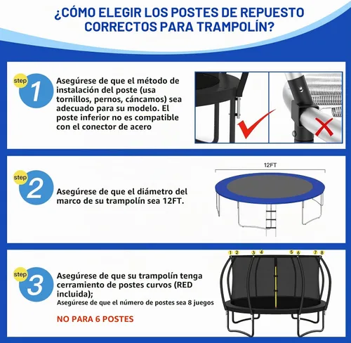 Vista 3 de Repuesto de 8 postes curvos para cama elástica de 12 pies con red de recinto, poste curvado para cama elástica, conector T de plástico, varillas