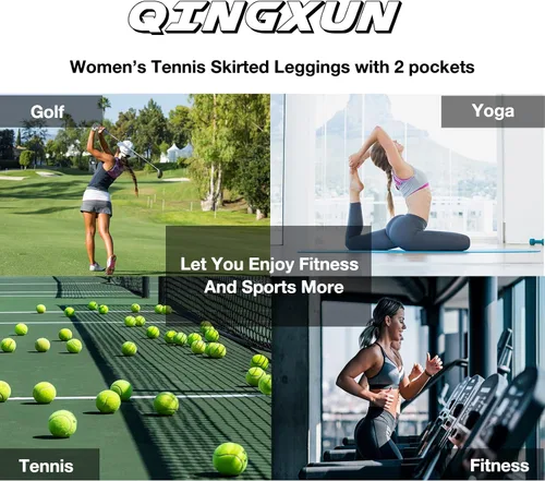 Vista 6 de QINGXUN Leggings con falda de tenis para mujer con 2 bolsillos, leggings de yoga con faldas estampadas, faldas de tenis con leggings para mujer