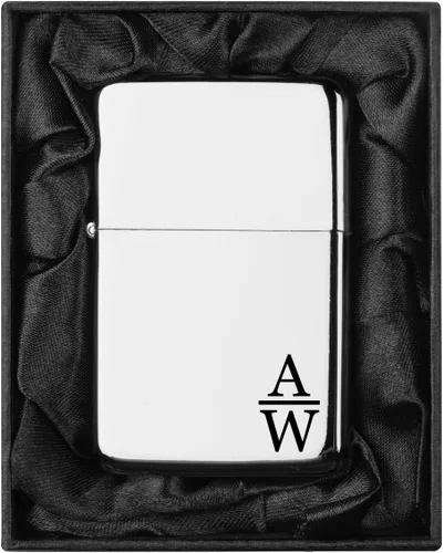 Vista 13 de Encendedor personalizado grabado en caja de regalo forrada en seda negra (Monograma circular 2, negro)