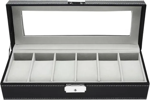 Vista 9 de NovelBee Cajas de reloj con 6 ranuras, vitrina rectangular para relojes con tapa de vidrio y almohadas extraíbles para hombres y mujeres