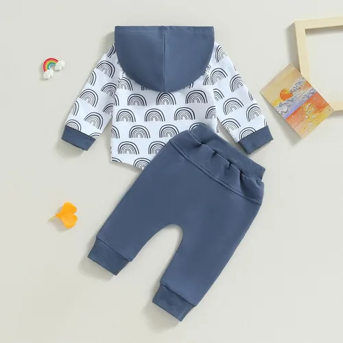 Vista 4 de Conjunto de ropa para bebé de otoño e invierno, sudadera con capucha y estampado de arco iris, sudadera con capucha y pantalones de manga larga