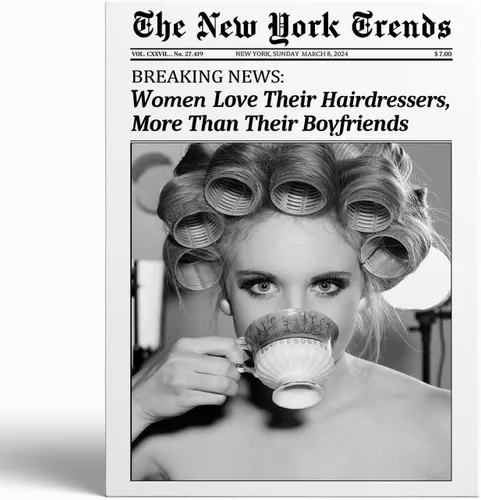 Vista 7 de Arte de pared de periódico de moda para niña, blanco y negro, decoración de pared de periódico estético retro, arte de pared feminista, póster