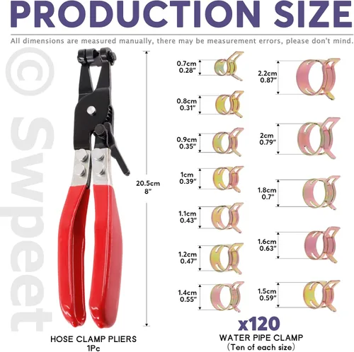 Vista 2 de Swpeet Kit de surtido de 121 piezas de abrazaderas de manguera de banda de resorte de 7-22 mm con llave de abrazadera de manguera de combustible