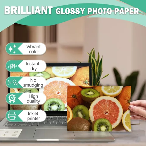 Vista 2 de Papel fotográfico de 5 x 7, paquete de 100 unidades, papel fotográfico brillante de 52 libras para impresora de inyección de tinta, 7.05 oz/m²