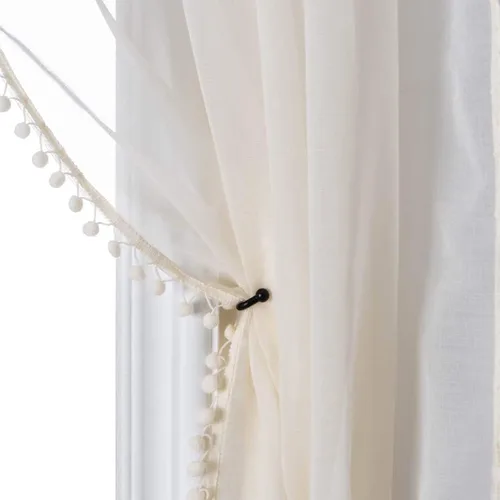 Vista 35 de MISS SELECTEX Cortinas semitransparentes con aspecto de lino y borlas de pompones - Cortinas de gasa semitransparentes con bolsillo para varilla