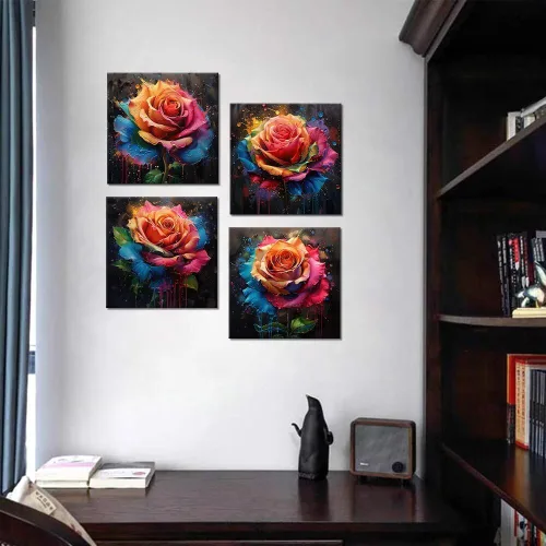 Vista 66 de Wall HDQ Arte de pared de flores para baño, dormitorio, sala de estar, decoración de pared azul y naranja, pintura floral, lienzo impreso, imagen