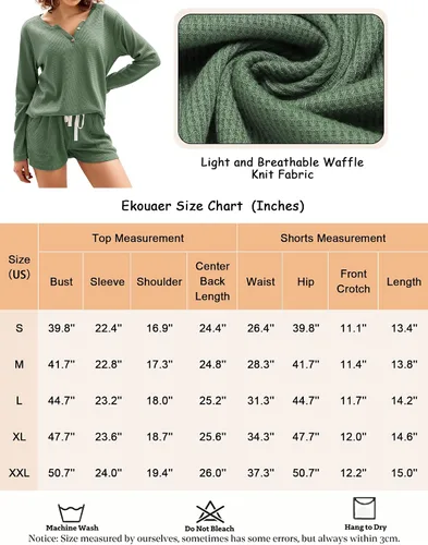 Vista 6 de Ekouaer Conjunto de pijama de punto gofre para mujer, camiseta de manga larga y pantalones cortos, conjuntos de dos piezas con bolsillos, tallas