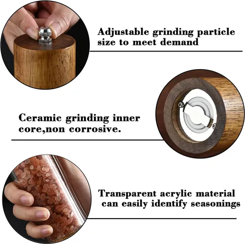 Vista 4 de Molinillo de sal y pimienta de acrílico y madera, 2 unidades, molinillo ajustable 2-pack, Wooden Pepper Grinder, Durable Ceramic Grinder