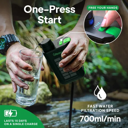 Vista 3 de Greeshow Filtro de Agua Eléctrico Portátil para Acampar - Alimentado por Energía Solar, Manivela Manual, Carga USB, Purificador de Agua