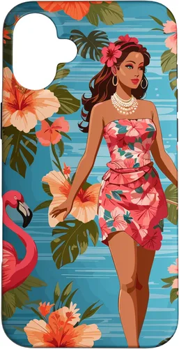 Vista 23 de iPhone 12 Pro Max Vintage Tiki Design - Funda hawaiana retro de flores hula y flamencos