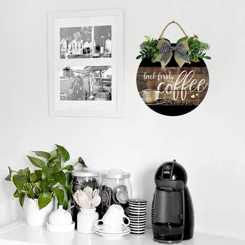 Vista 4 de KPSheng Letrero con texto en inglés «But First Coffee», decoración de pared de madera de 11 pulgadas para el hogar, cocina, cafetería