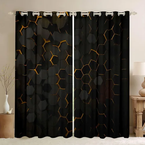 Vista 40 de Cortinas opacas negras de panal de abeja con luces de neón azul real, tratamientos de ventana con estampado geométrico hexagonal, decoración