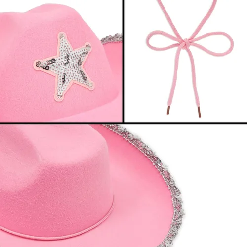 Vista 7 de Zodaca Paquete de 4 sombreros de vaquera, fieltro rosa claro, adulto, 14.5 x 11.5 x 5 pulgadas, juego de 4 sombreros de vaquero rosa para mujer