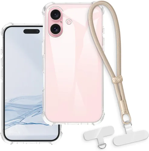 Vista 13 de Funda y correa de muñeca para iPhone 16 - transparente+negro Funda protectora 2 en 1 para teléfono de 6.1 pulgadas con cordón desmontable y Funda
