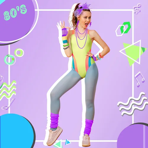 Vista 3 de Accesorios de disfraces de los años 80 y 90 para mujer, diadema de neón de los años 80, aretes, calentadores de piernas, conjunto de traje de fiesta
