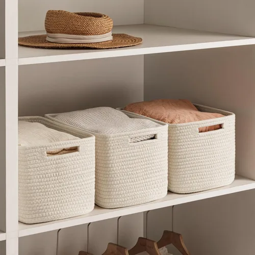 Vista 5 de Paquete de 4 cestas de almacenamiento para organizar, cestas tejidas para estantes, color beige