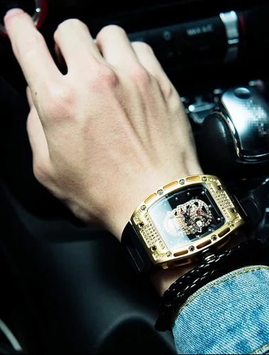 Vista 3 de Relojes únicos de calavera para hombre, esfera de esqueleto rectangular, relojes de pulsera analógicos de cuarzo para hombre, relojes de calavera