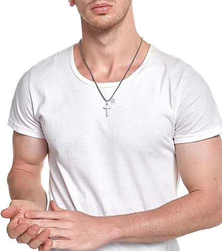 Vista 4 de XIEXIELA Initial Cross Necklace for Boys Men Girls - Stainless Steel Letter Cross Pendant Jewelry First Communion Baptism Gifts