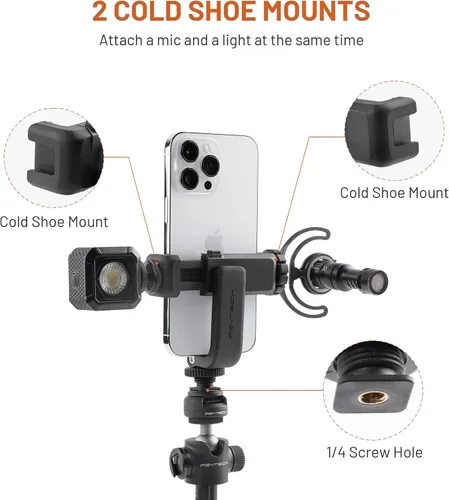 Vista 2 de Soporte de trípode para teléfono iPhone con 2 soportes de zapata fría (versión mejorada), soporte de disparo vertical y horizontal, de 2.36 a 3.62