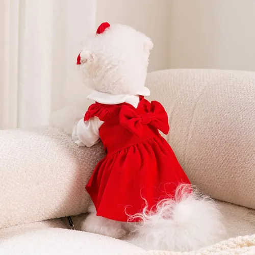 Vista 4 de Suéter Vestido de Pana Roja para Perros Pequeños Hembra Conjunto Vestido de Invierno para Perros Ropa de Cachorro Navidad