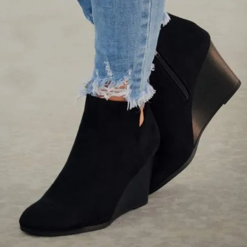 Vista 4 de Botines cortos de gamuza para mujer, con cierre de cremallera, puntera cerrada, para senderismo, estilo mujer, Sandalias negras, caqui, marrones, 9