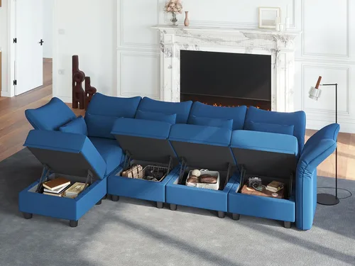 Vista 3 de LLappuil Sofá modular de terciopelo en forma de L con almacenamiento, sofá moderno de 5 plazas de 127.8 pulgadas con diván, sofás reclinables de Azul