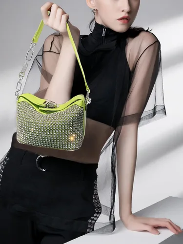 Vista 2 de Bolso de hombro Hobo con diamantes de imitación para mujer, bolso cruzado de cuero