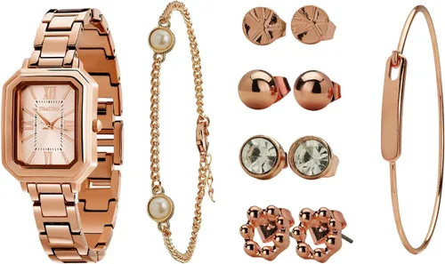 Vista 9 de TIME100 Juego de reloj rectangular para mujer con pulsera, cadena y 4 pares de aretes, caja de regalo rosa con cremallera W50893L